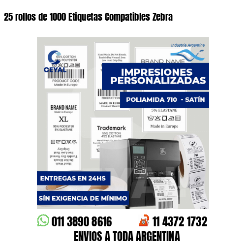 25 rollos de 1000 Etiquetas Compatibles Zebra 