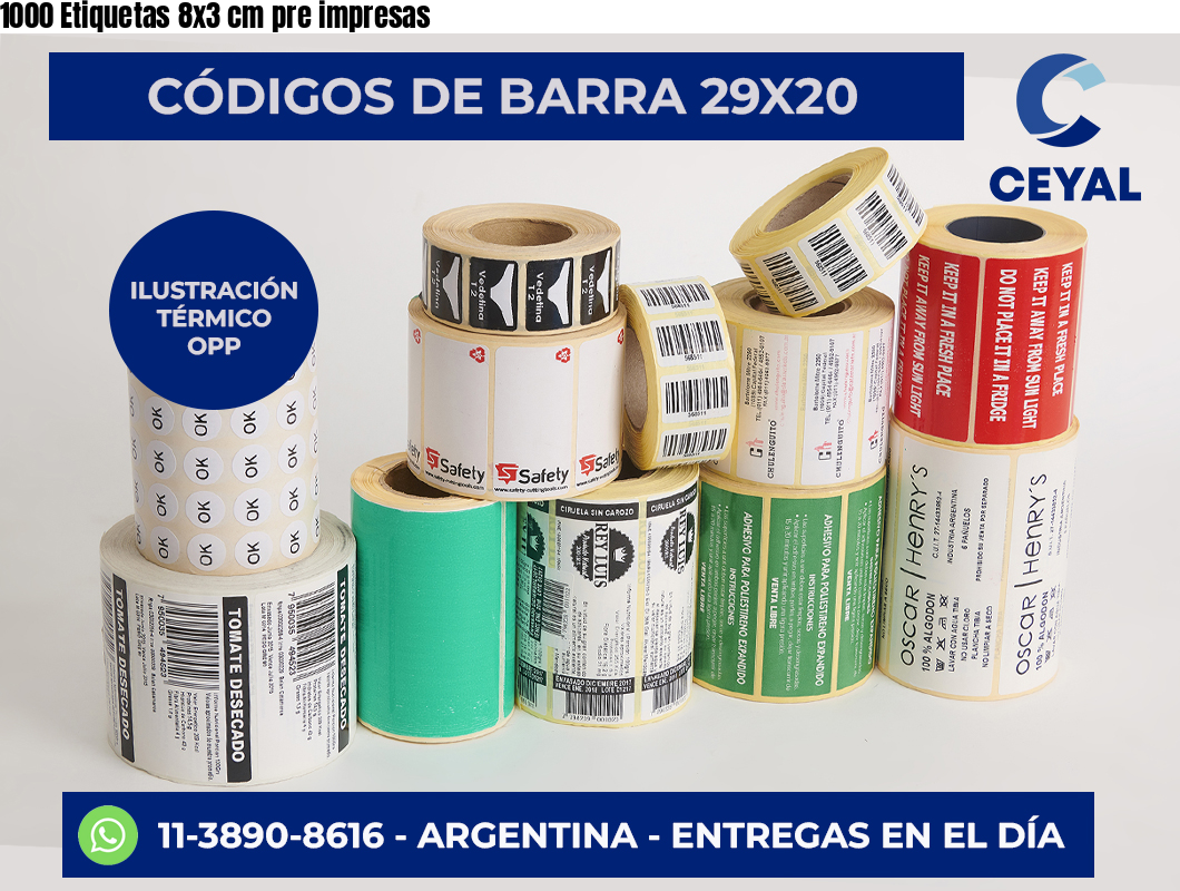 1000 Etiquetas 8×3 cm pre impresas