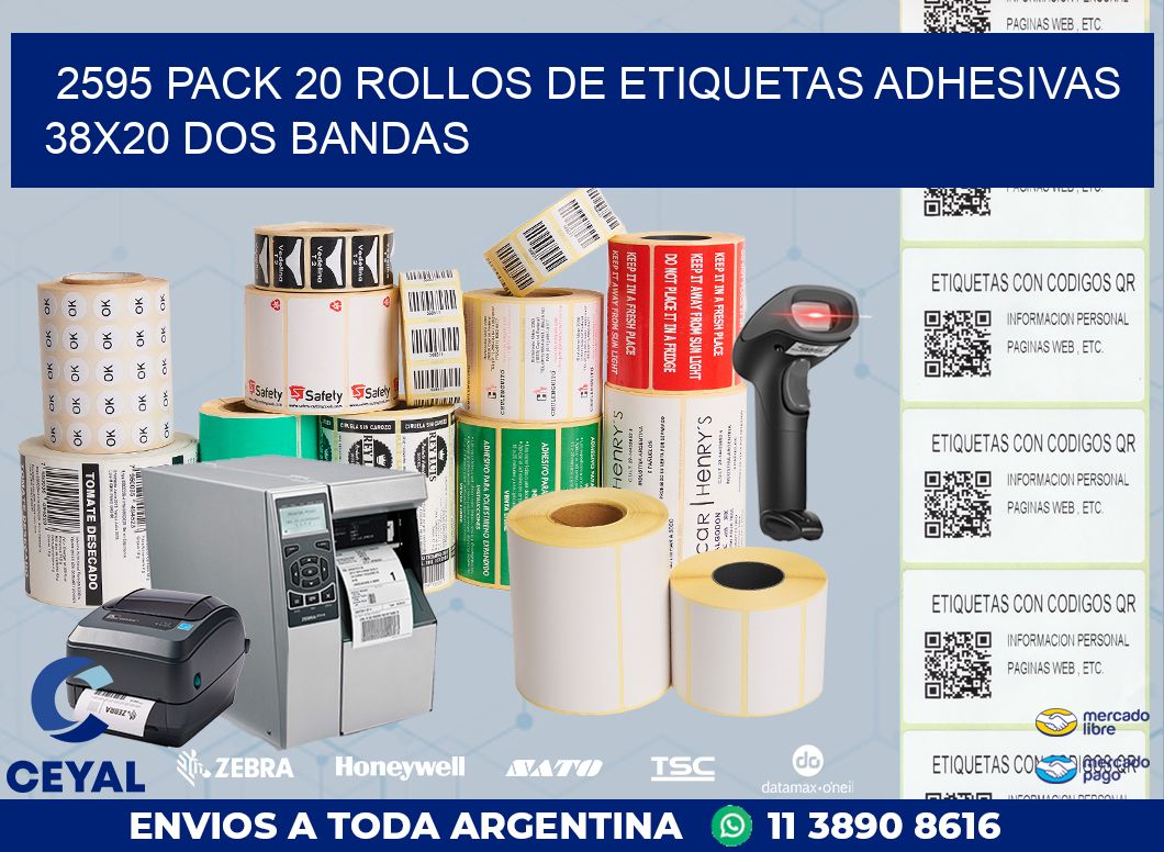 2595 PACK 20 ROLLOS DE ETIQUETAS ADHESIVAS 38X20 DOS BANDAS
