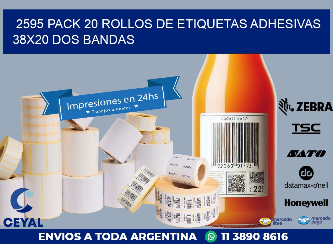 2595 PACK 20 ROLLOS DE ETIQUETAS ADHESIVAS 38X20 DOS BANDAS