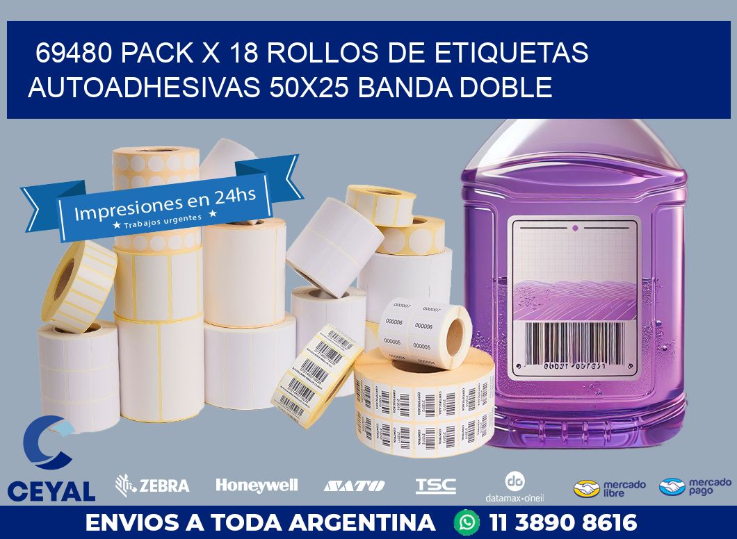 69480 PACK X 18 ROLLOS DE ETIQUETAS AUTOADHESIVAS 50X25 BANDA DOBLE