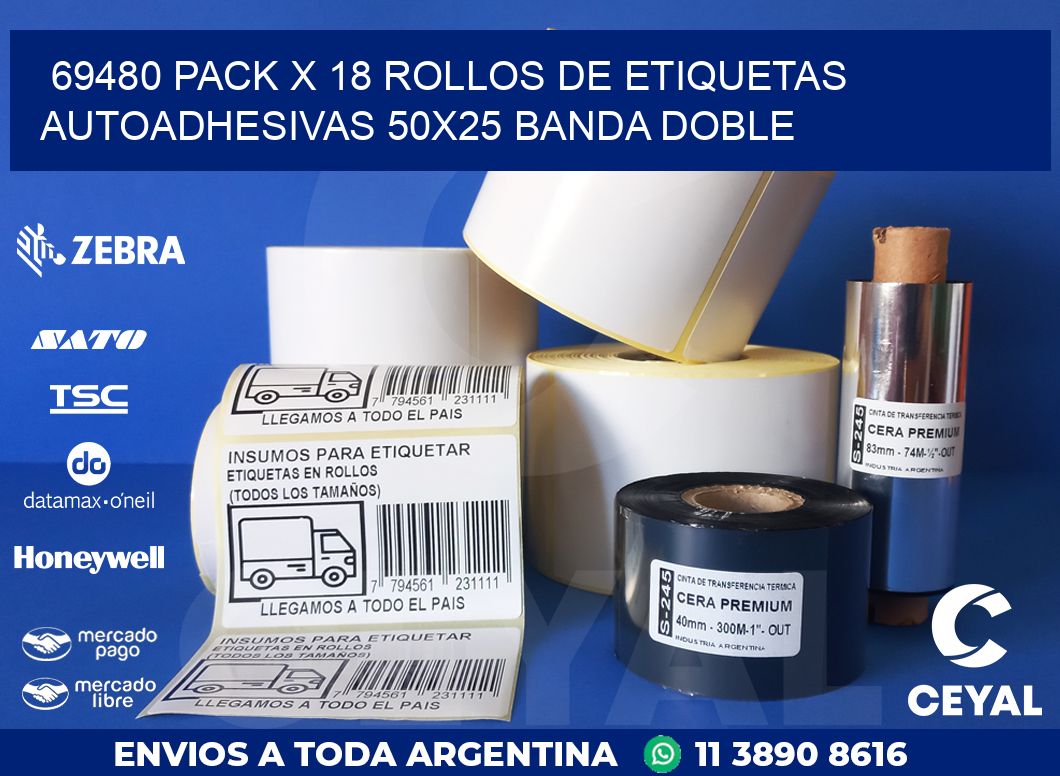 69480 PACK X 18 ROLLOS DE ETIQUETAS AUTOADHESIVAS 50X25 BANDA DOBLE