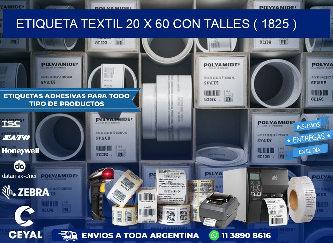 ETIQUETA TEXTIL 20 X 60 CON TALLES ( 1825 )