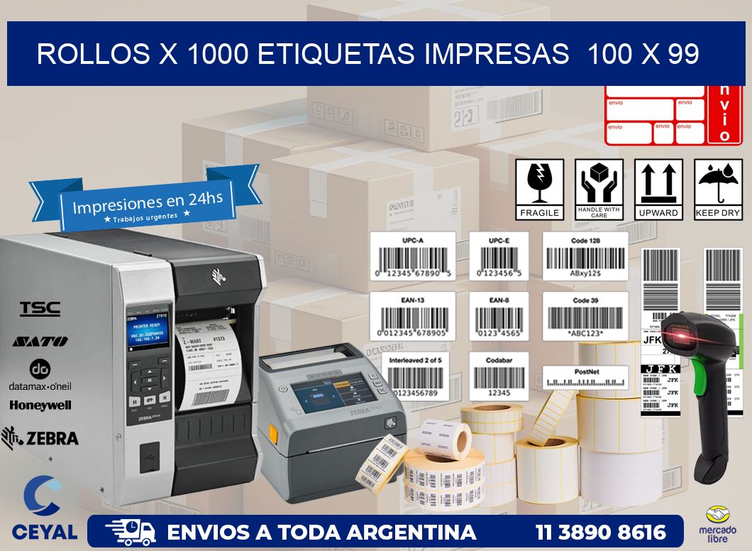 ROLLOS X 1000 ETIQUETAS IMPRESAS  100 x 99