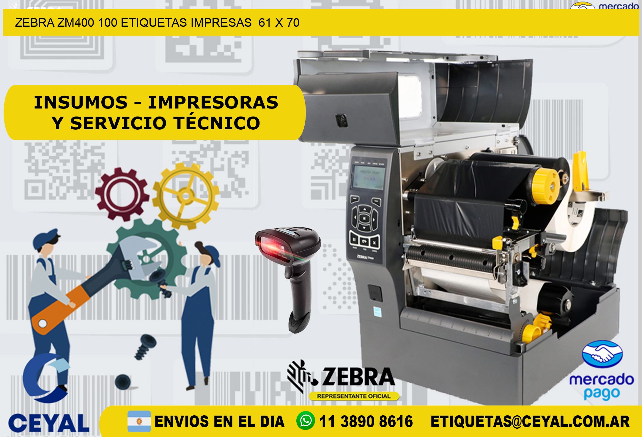 ZEBRA ZM400 100 ETIQUETAS IMPRESAS  61 x 70