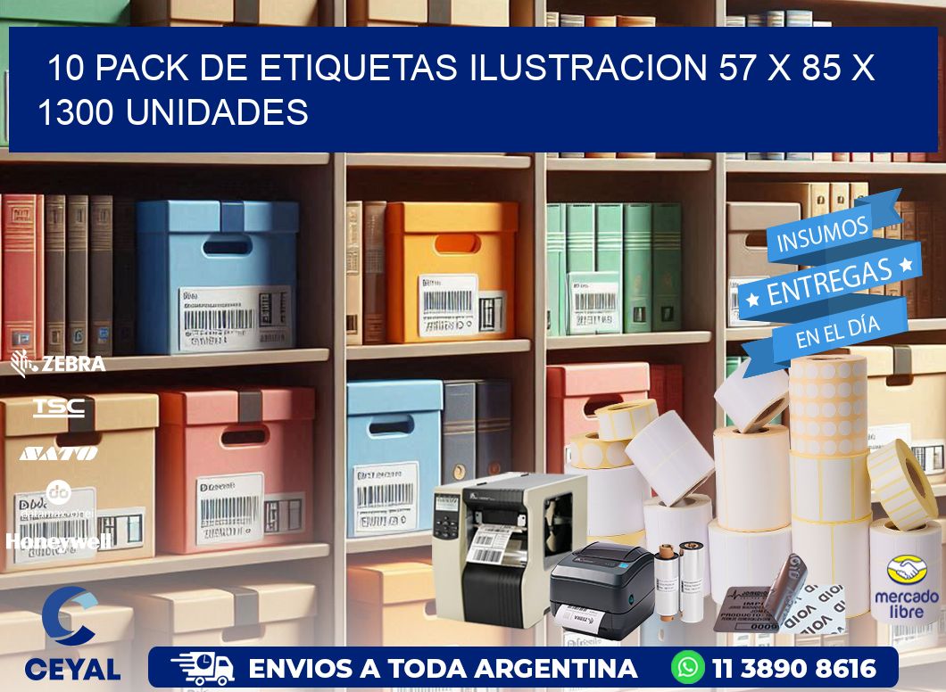 10 PACK DE ETIQUETAS ILUSTRACION 57 x 85 X 1300 UNIDADES