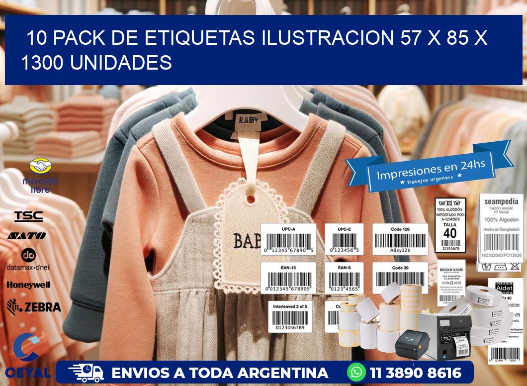10 PACK DE ETIQUETAS ILUSTRACION 57 x 85 X 1300 UNIDADES