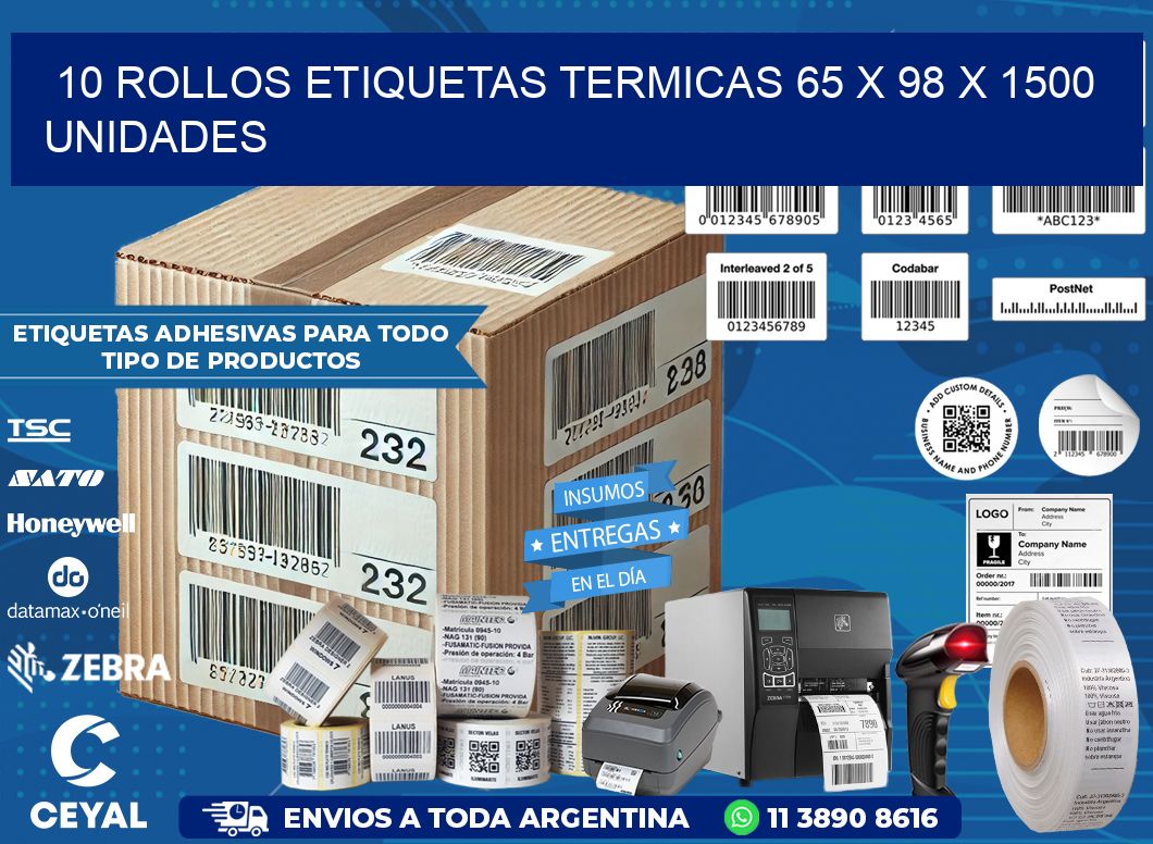 10 ROLLOS ETIQUETAS TERMICAS 65 x 98 X 1500 UNIDADES