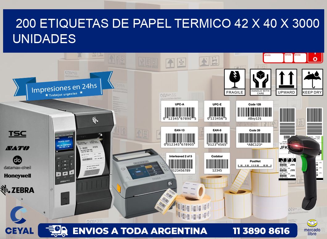 200 ETIQUETAS DE PAPEL TERMICO 42 x 40 X 3000 UNIDADES