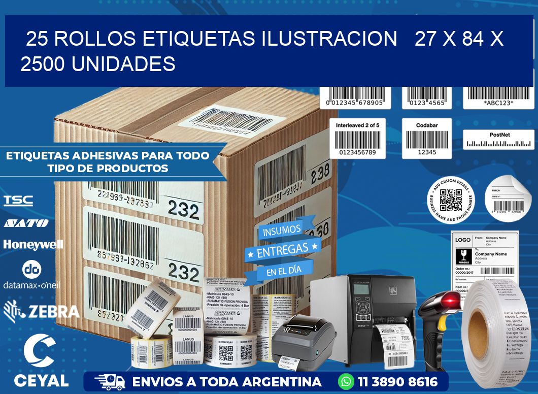 25 ROLLOS ETIQUETAS ILUSTRACION   27 x 84 X 2500 UNIDADES