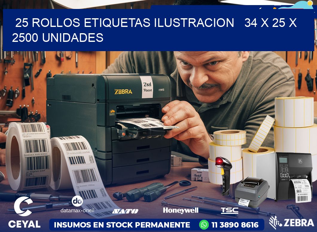 25 ROLLOS ETIQUETAS ILUSTRACION   34 x 25 X 2500 UNIDADES