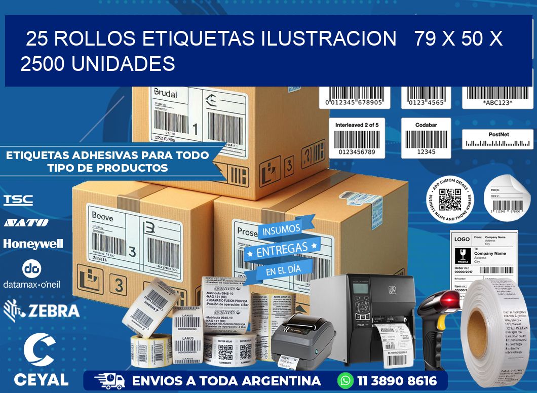 25 ROLLOS ETIQUETAS ILUSTRACION   79 x 50 X 2500 UNIDADES