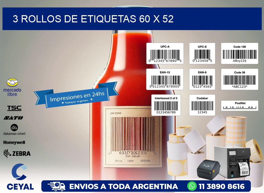 3 ROLLOS DE ETIQUETAS 60 x 52