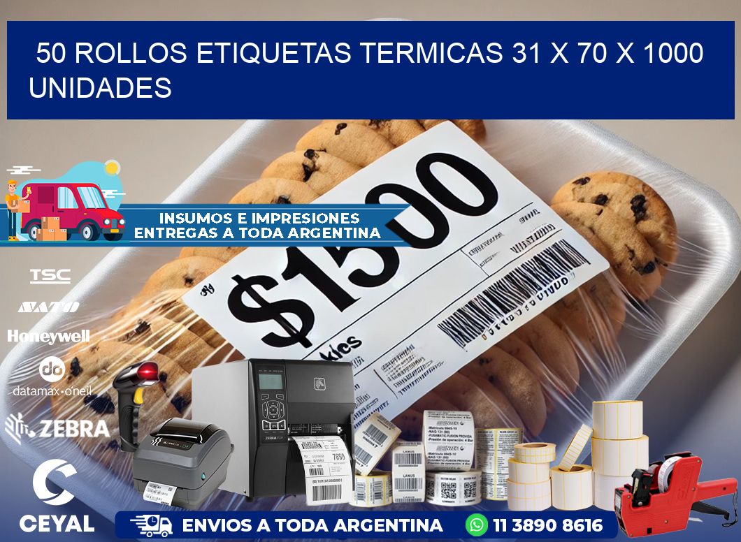 50 ROLLOS ETIQUETAS TERMICAS 31 x 70 X 1000 UNIDADES
