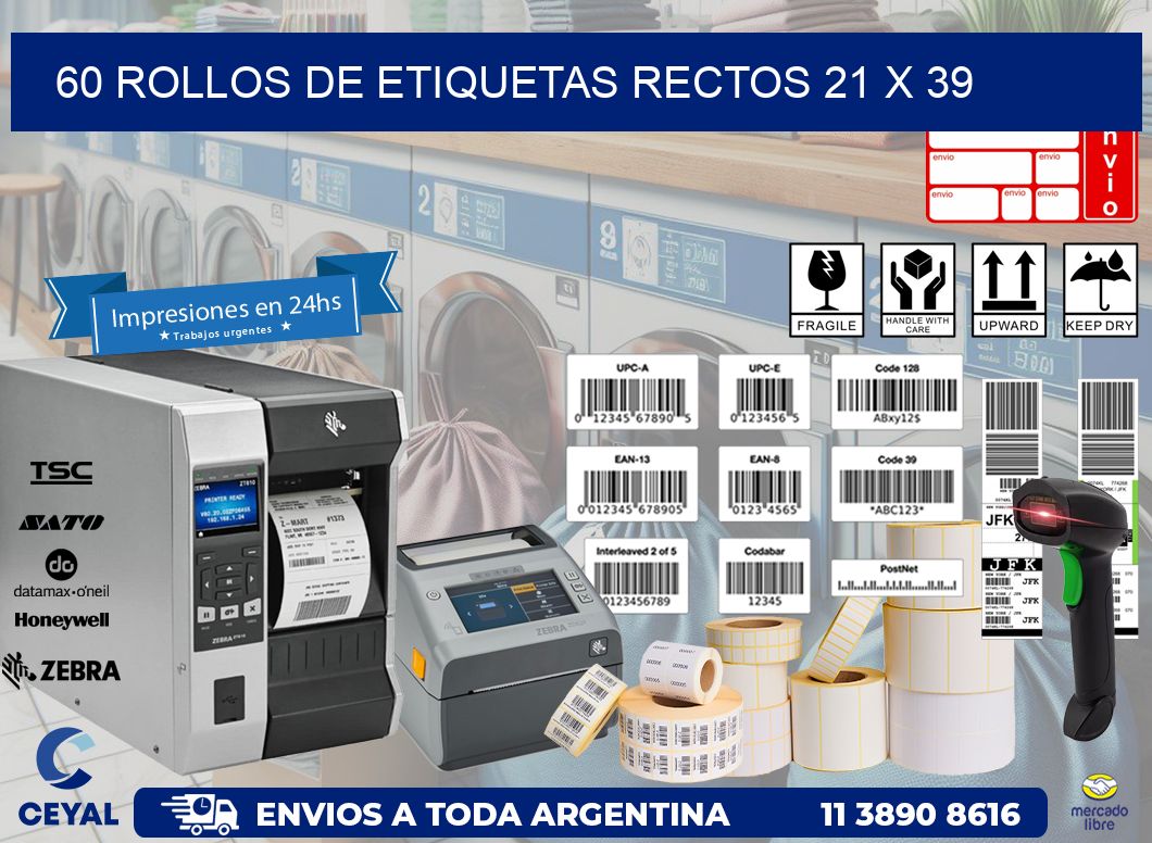 60 ROLLOS DE ETIQUETAS RECTOS 21 x 39
