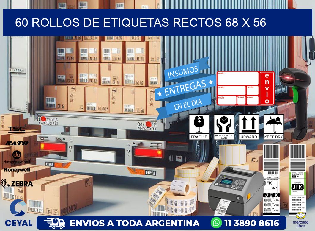 60 ROLLOS DE ETIQUETAS RECTOS 68 x 56