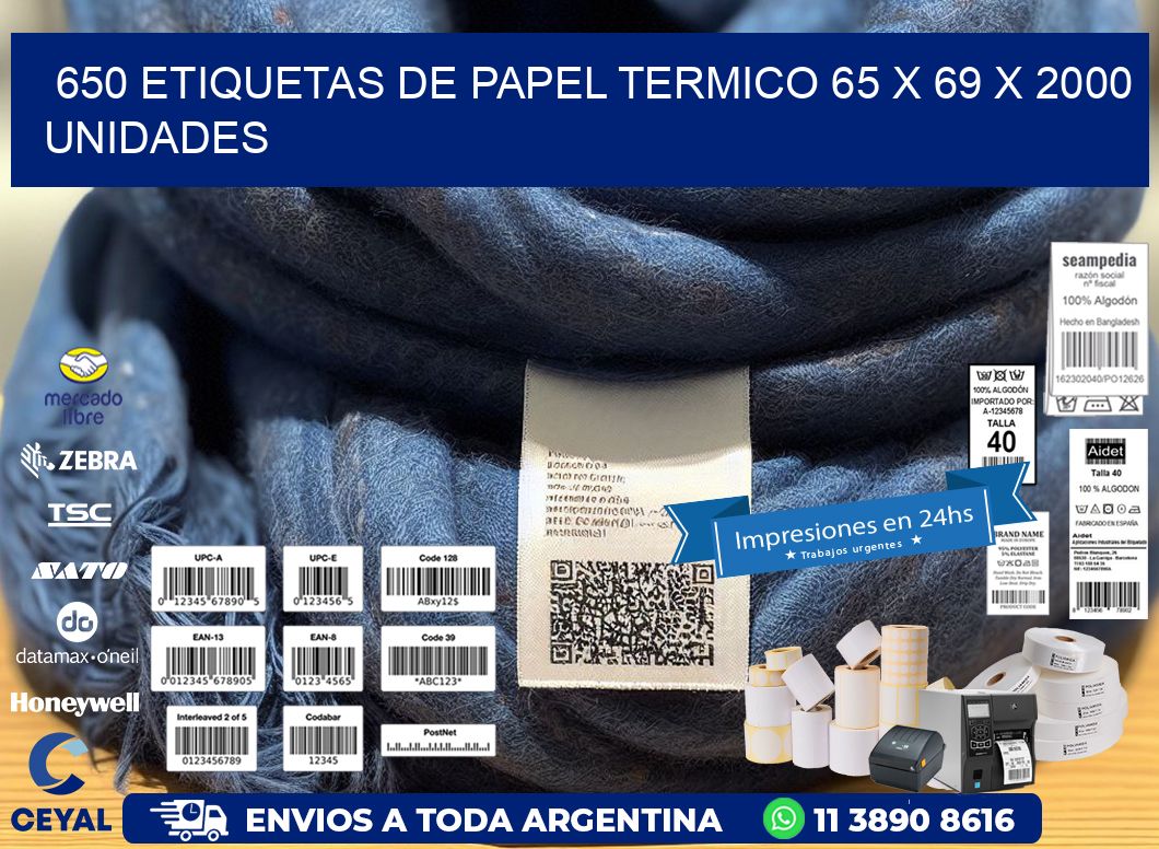 650 ETIQUETAS DE PAPEL TERMICO 65 x 69 X 2000 UNIDADES