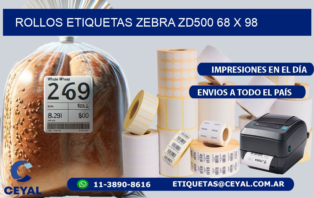 ROLLOS ETIQUETAS Zebra ZD500 68 x 98