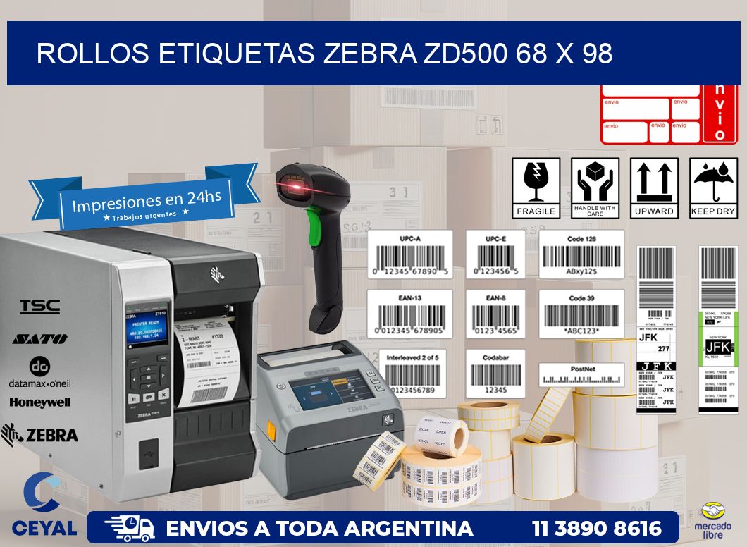 ROLLOS ETIQUETAS Zebra ZD500 68 x 98