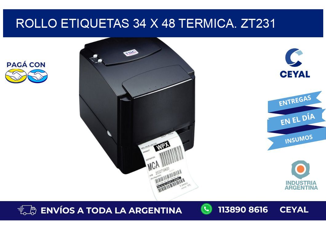 Rollo etiquetas 34 x 48 termica. zt231