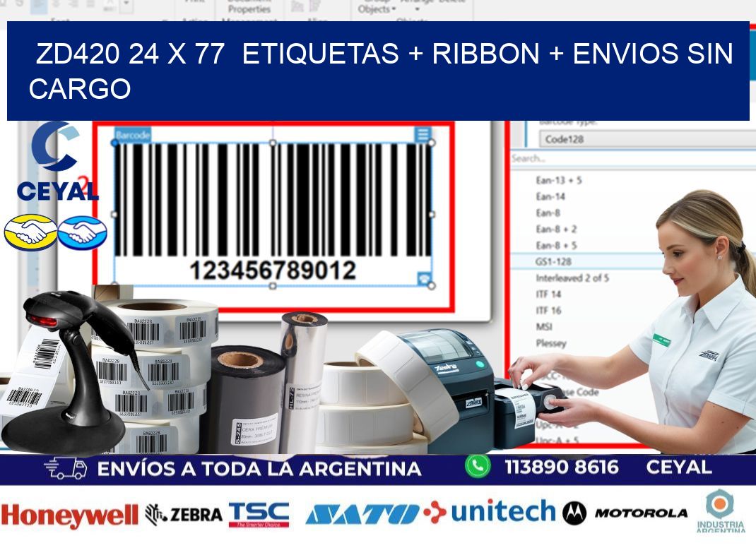 ZD420 24 x 77  etiquetas + ribbon + envios sin cargo