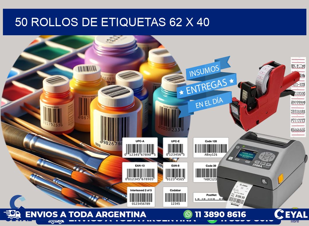 50 ROLLOS DE ETIQUETAS 62 x 40