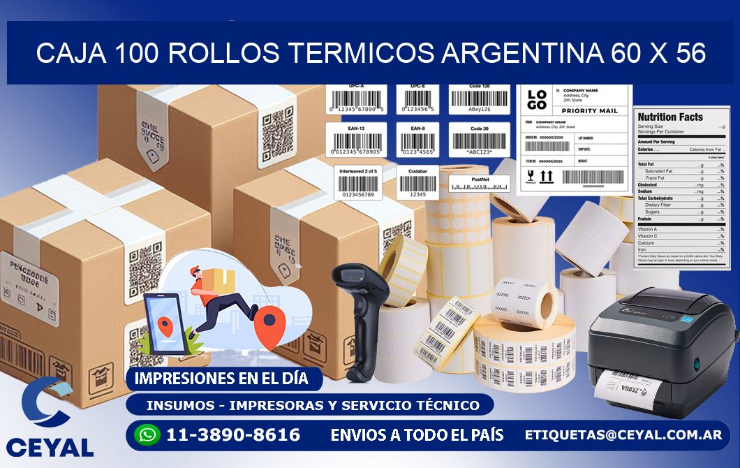CAJA 100 ROLLOS TERMICOS ARGENTINA 60 x 56