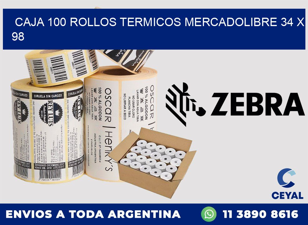 CAJA 100 ROLLOS TERMICOS MERCADOLIBRE 34 x 98