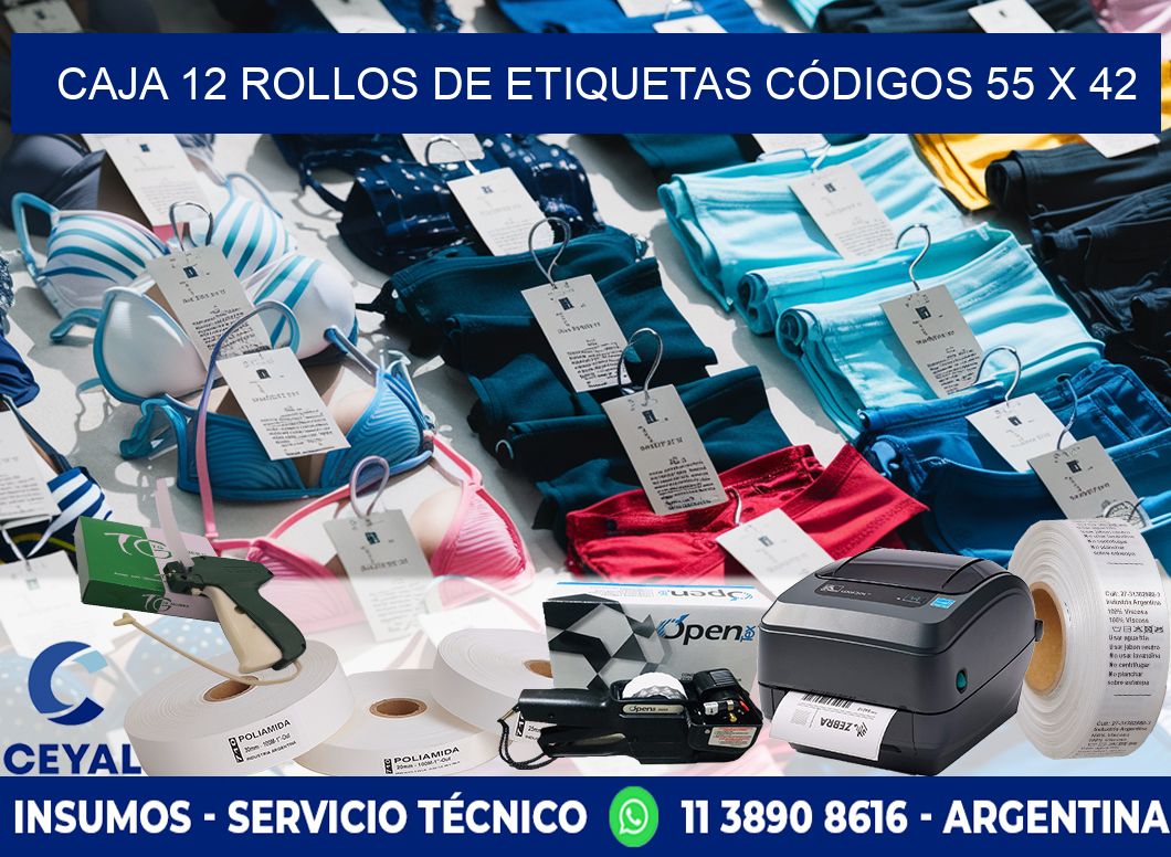 CAJA 12 ROLLOS DE ETIQUETAS CÓDIGOS 55 x 42
