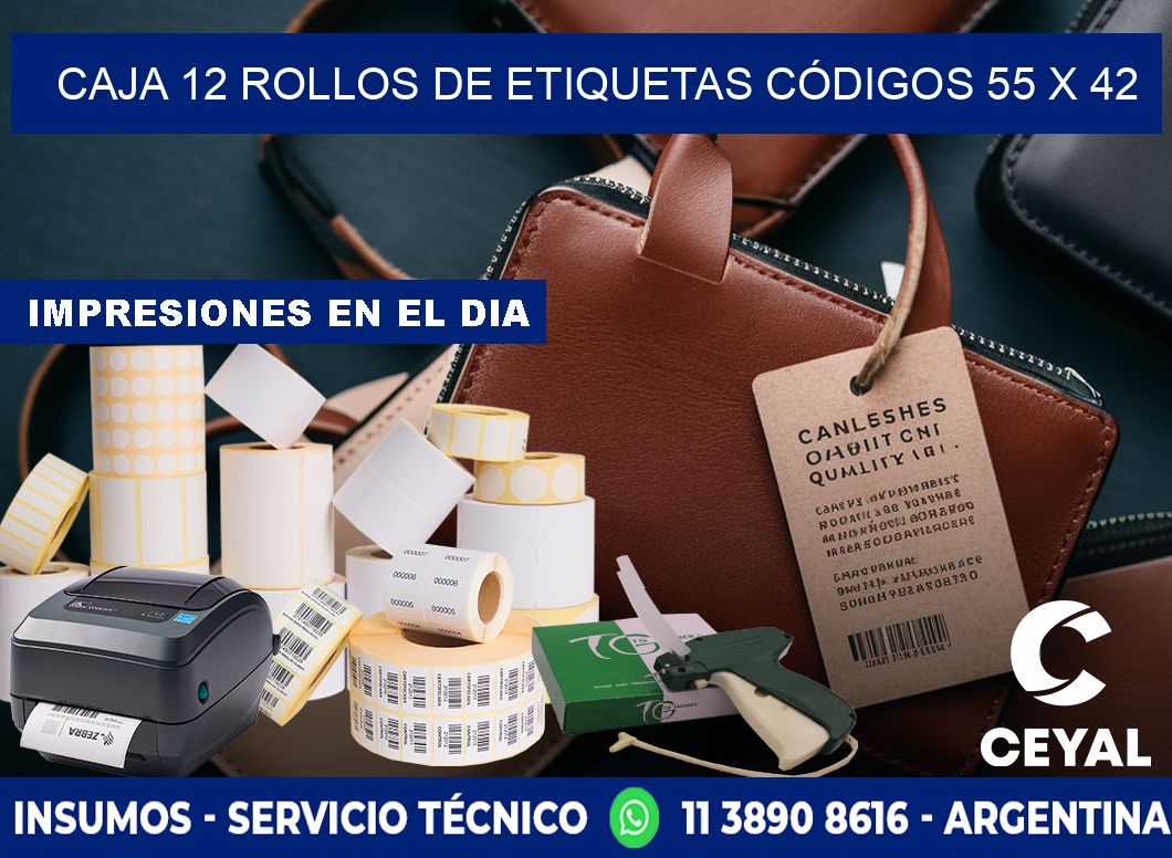 CAJA 12 ROLLOS DE ETIQUETAS CÓDIGOS 55 x 42