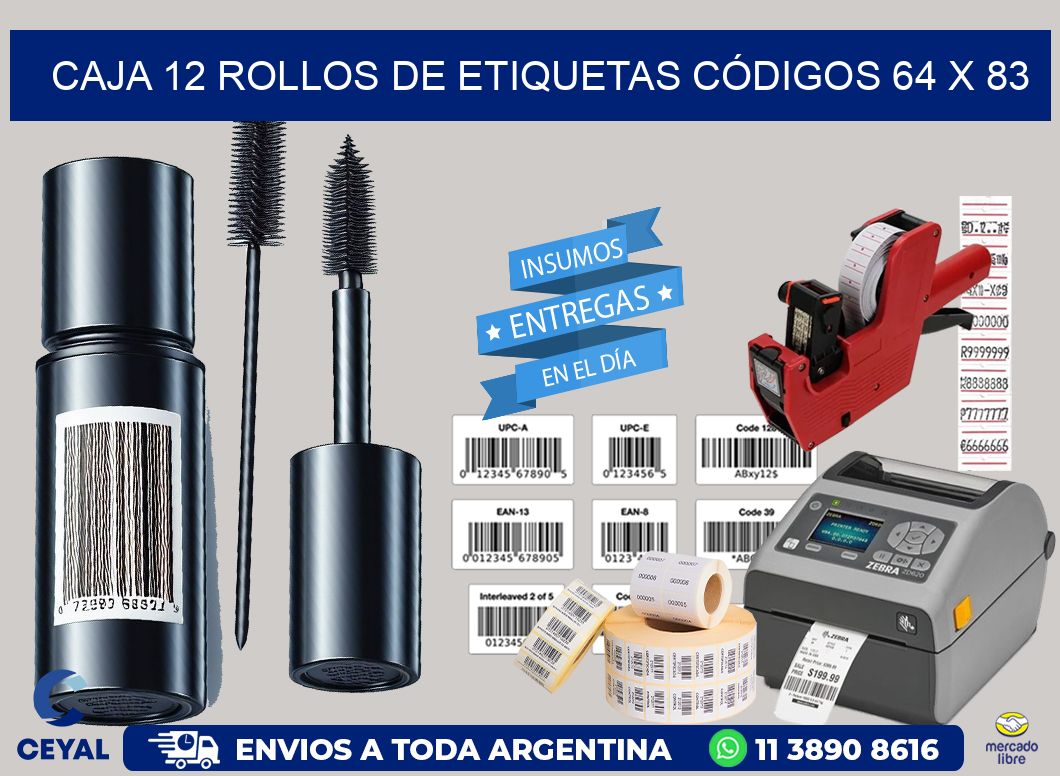 CAJA 12 ROLLOS DE ETIQUETAS CÓDIGOS 64 x 83