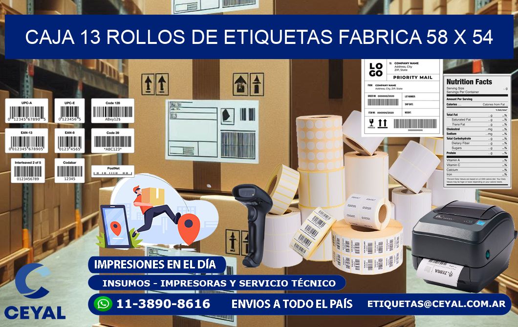 CAJA 13 ROLLOS DE ETIQUETAS FABRICA 58 x 54