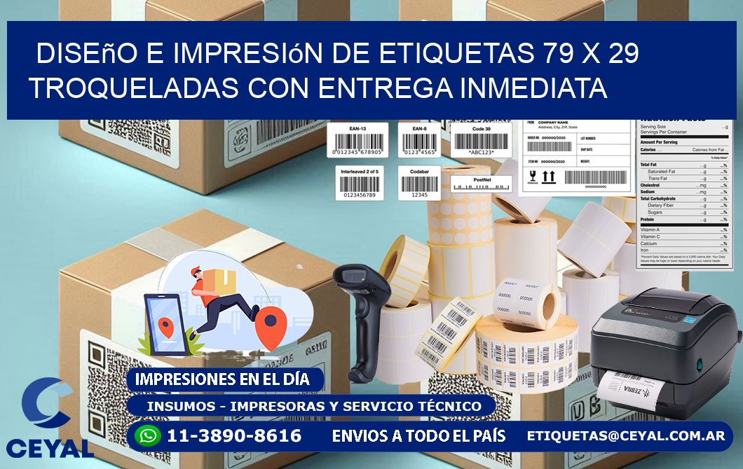 Diseño e impresión de etiquetas 79 x 29 troqueladas con entrega inmediata