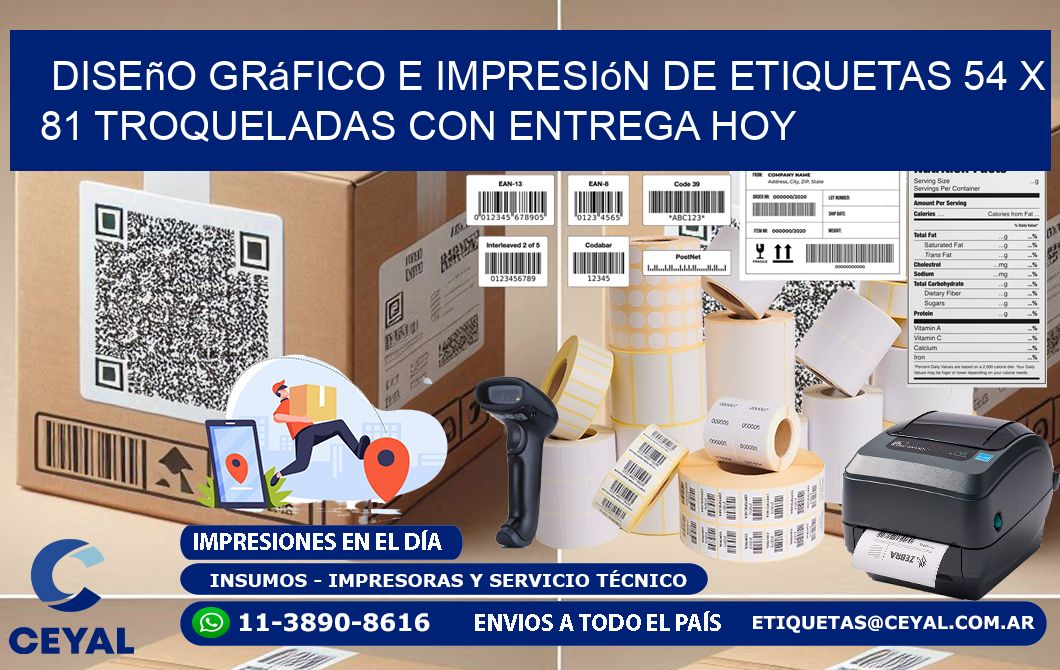 Diseño gráfico e impresión de etiquetas 54 x 81 troqueladas con entrega hoy