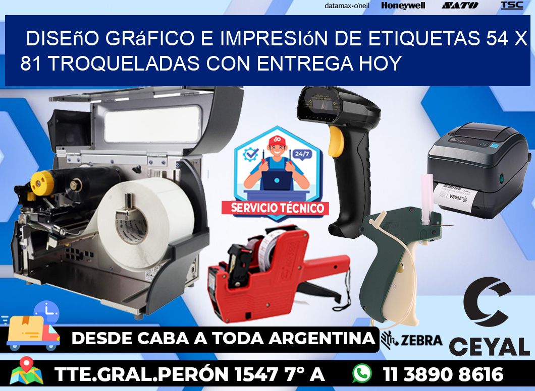 Diseño gráfico e impresión de etiquetas 54 x 81 troqueladas con entrega hoy