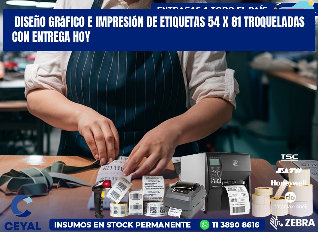 Diseño gráfico e impresión de etiquetas 54 x 81 troqueladas con entrega hoy