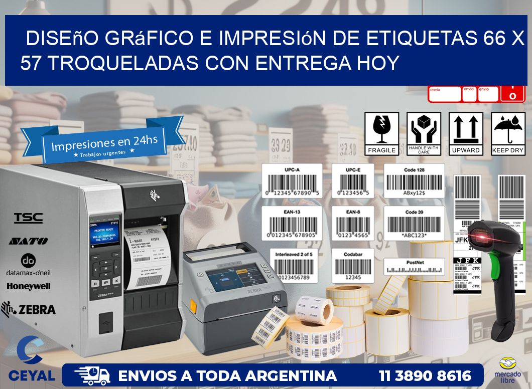 Diseño gráfico e impresión de etiquetas 66 x 57 troqueladas con entrega hoy