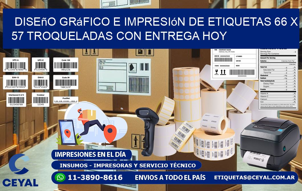 Diseño gráfico e impresión de etiquetas 66 x 57 troqueladas con entrega hoy