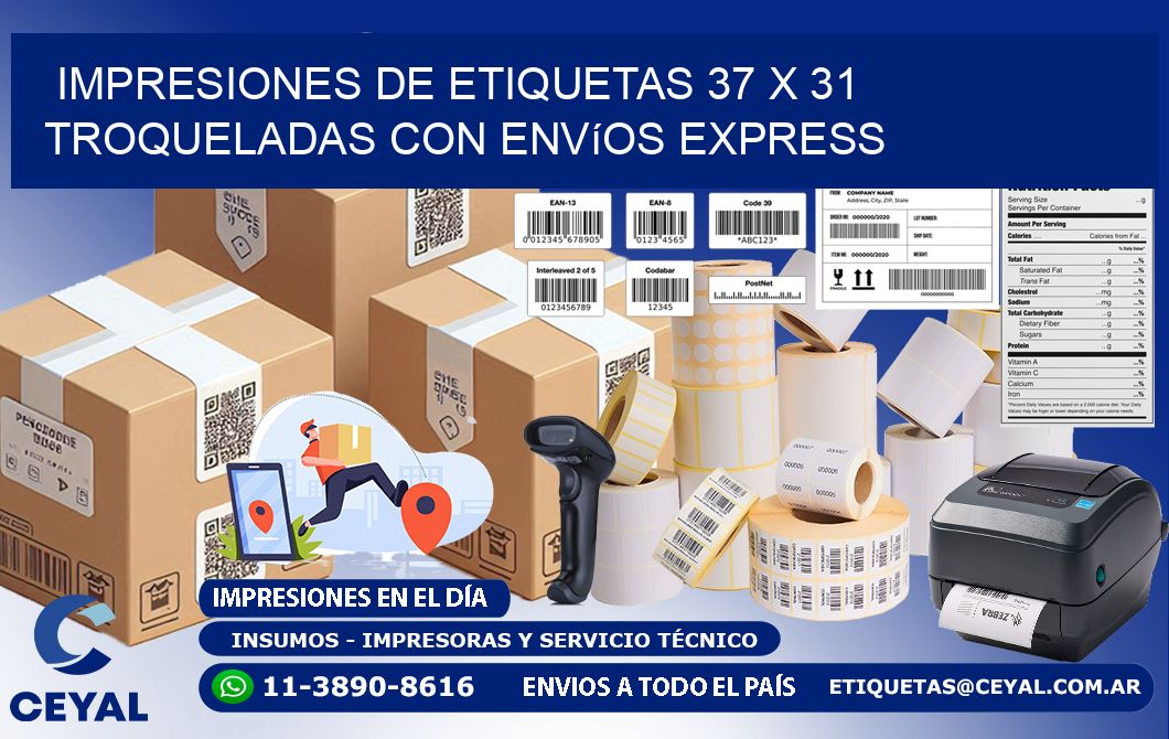 Impresiones de etiquetas 37 x 31 troqueladas con envíos express