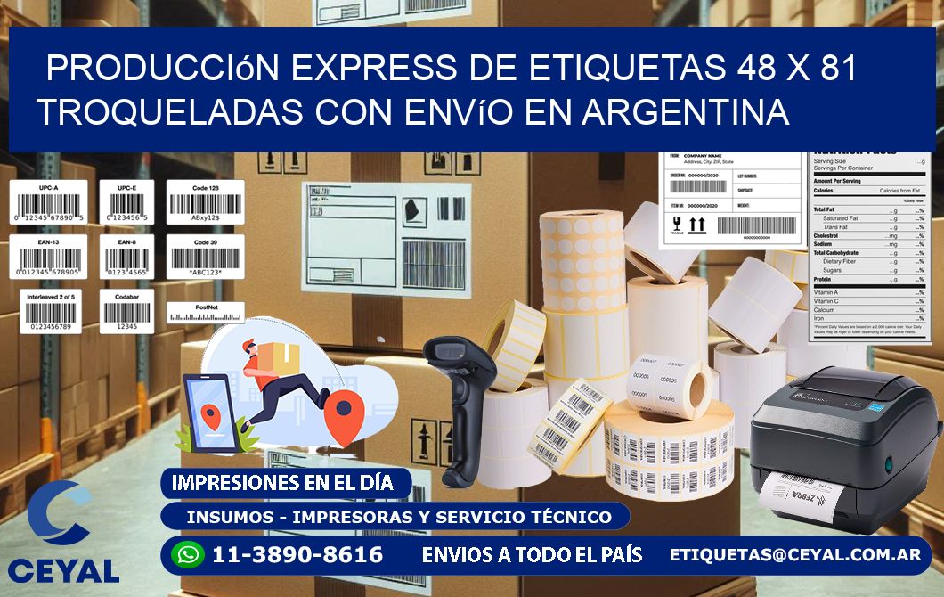 Producción express de etiquetas 48 x 81 troqueladas con envío en Argentina