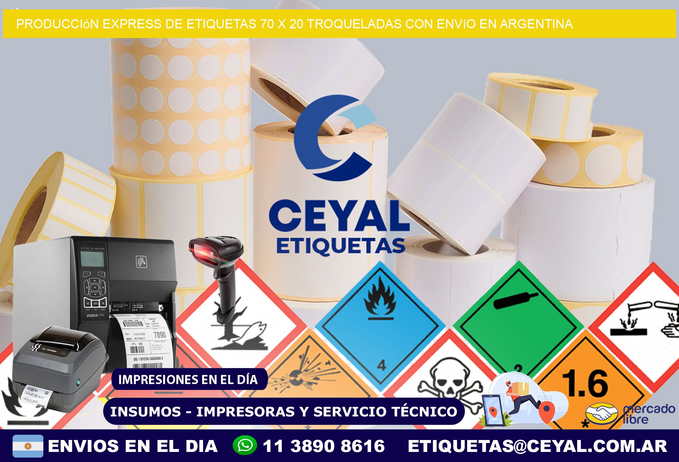 Producción express de etiquetas 70 x 20 troqueladas con envío en Argentina