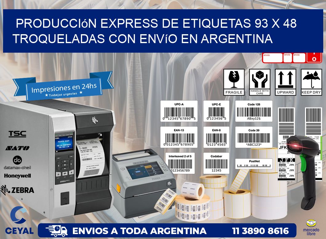 Producción express de etiquetas 93 x 48 troqueladas con envío en Argentina