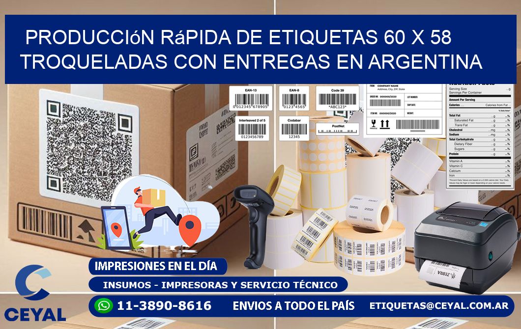 Producción rápida de etiquetas 60 x 58 troqueladas con entregas en Argentina