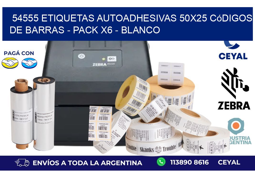 54555 Etiquetas Autoadhesivas 50x25 Códigos De Barras - Pack X6 - Blanco