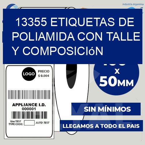 13355 Etiquetas de poliamida con talle y composición