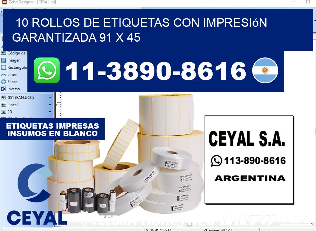 10 rollos de etiquetas con impresión garantizada 91 x 45