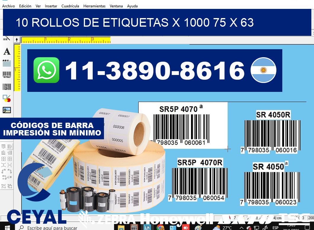10 rollos de etiquetas x 1000 75 x 63