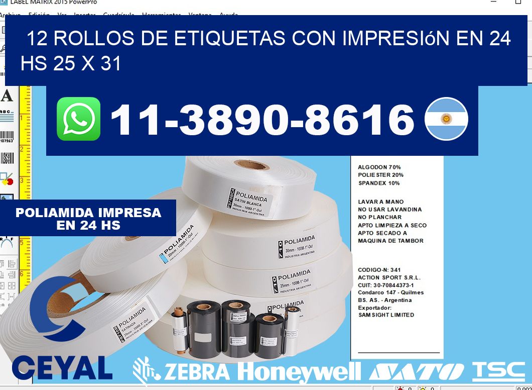12 rollos de etiquetas con impresión en 24 hs 25 x 31