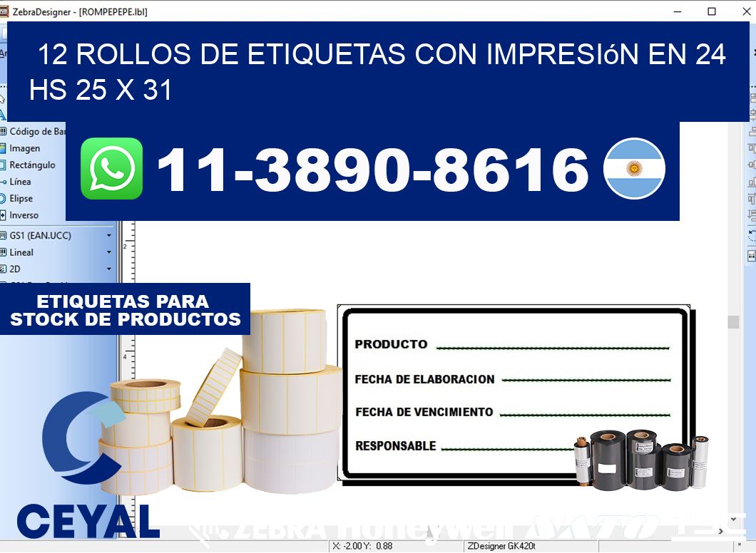 12 rollos de etiquetas con impresión en 24 hs 25 x 31
