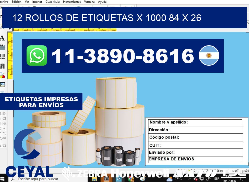 12 rollos de etiquetas x 1000 84 x 26